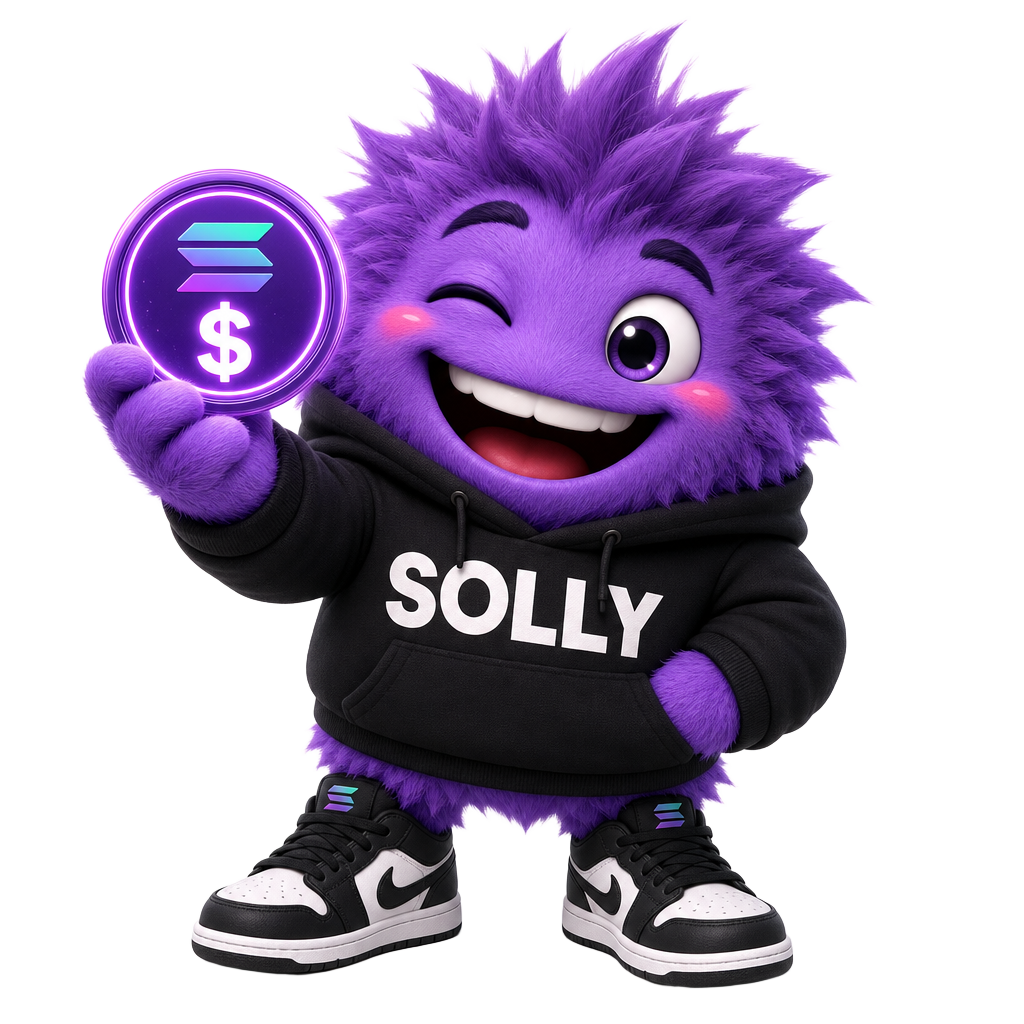 SOLLY mascot holding a Solana coin